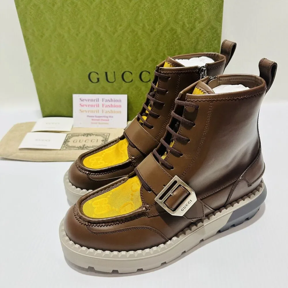 NIB Gucci GG Lace-Up Boots 9 US 9.5 Brown Leather Yellow Insert Side Zip $1600 - Picture 4 of 16
